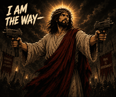 A Poster Of Jesus Holding Guns With The Words " I Am The Way " GIF