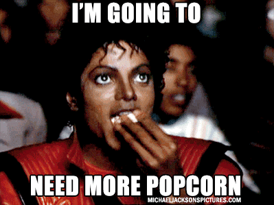 A Poster Of Michael Jackson Eating Popcorn With A Caption That Says I 'M Going To Need More Popcorn GIF