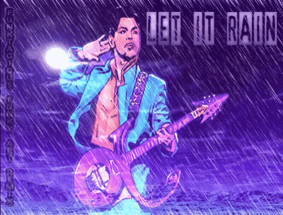 A Poster Of Prince Playing A Guitar With The Words Let It Rain Below Him GIF