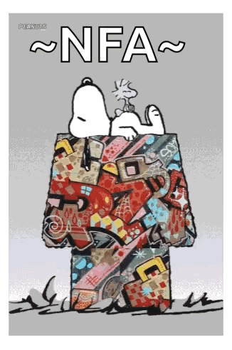 A Poster Of Snoopy Laying In A Box With The Word Nfa On It GIF