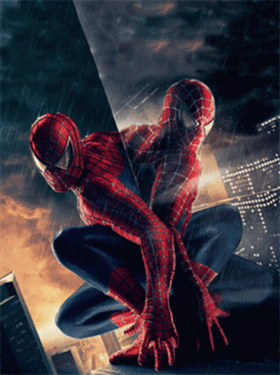 A Poster Of Spider-Man Sitting On A Ledge In The Rain GIF