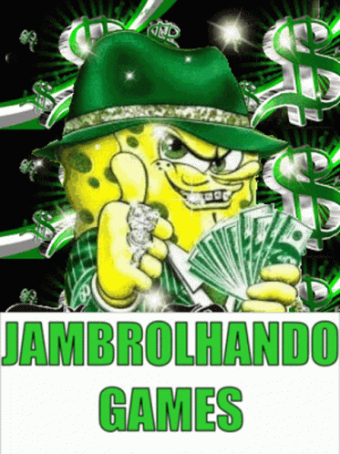 A Poster Of Spongebob Wearing A Green Hat And Holding Money GIF