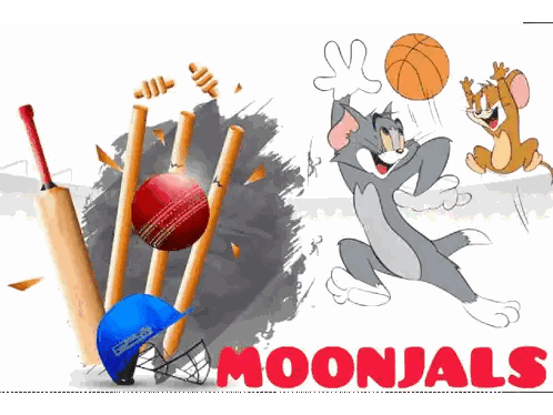 A Poster Of Tom And Jerry Playing Cricket And Basketball With The Words Moonjals In Red Sticker