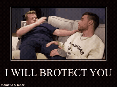 A Poster Of Two Men Sitting On A Couch With The Words " I Will Brotect You " At The Bottom GIF