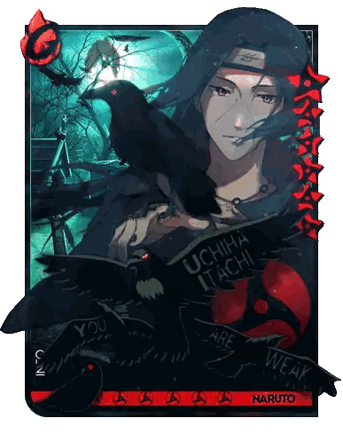 A Poster Of Uchiha Itachi From Naruto With A Black Bird Sticker