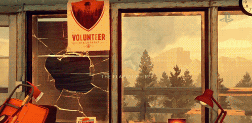 A Poster On A Window That Says Volunteer GIF