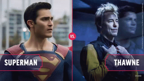 A Poster Showing Superman And Shawnee With A Red Vs. Button GIF