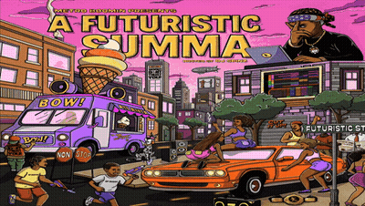 A Poster That Says A Futuristic Summa With A Purple Background GIF