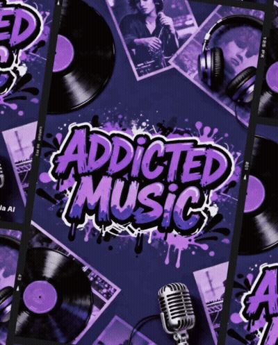 A Poster That Says " Addicted Music " Is Surrounded By Records And Headphones GIF