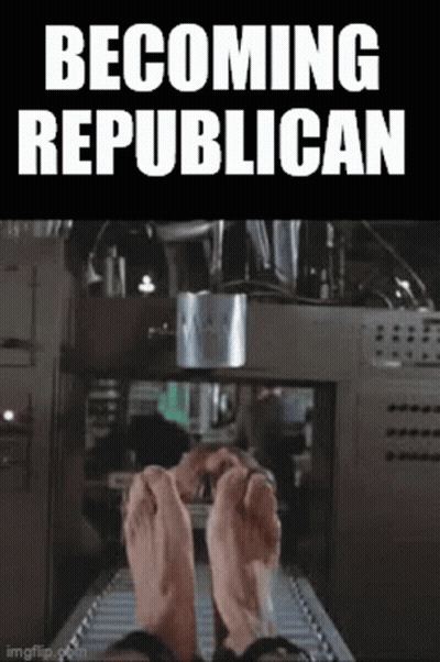 A Poster That Says Becoming Republican With A Picture Of A Person 'S Feet On A Conveyor Belt GIF