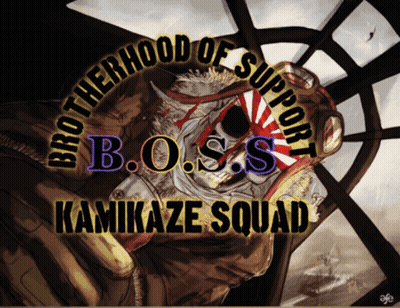 A Poster That Says Brotherhood Of Support B.o.s. Kamikaze Squad GIF