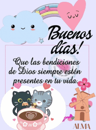 A Poster That Says Buenos Dias With A Cup Of Coffee And Two Cats GIF