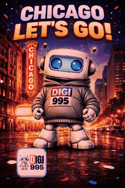 A Poster That Says Chicago Let 'S Go With A Robot On It GIF