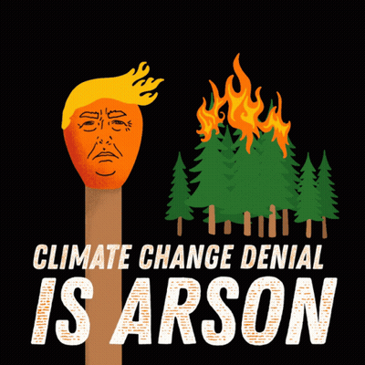 A Poster That Says Climate Change Denial Is Arson With A Trump Face On A Match GIF