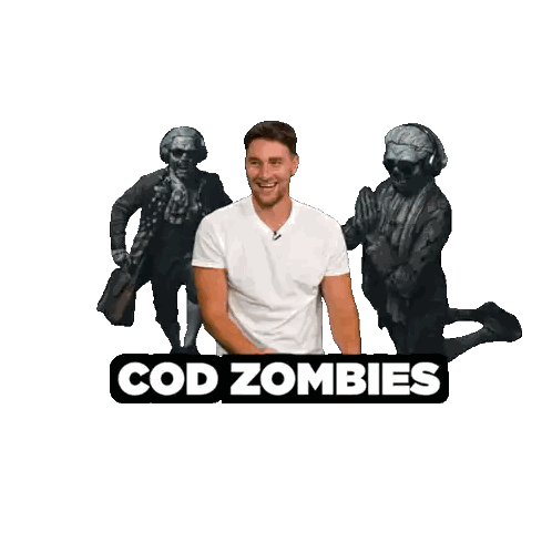 A Poster That Says Cod Zombies Is Back With A Man In A Zombie Costume Sticker