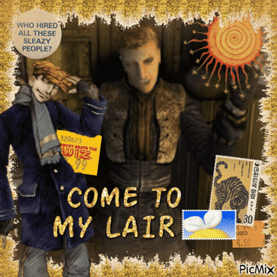 A Poster That Says Come To My Lair With A Picture Of A Man GIF