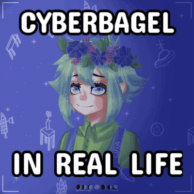 A Poster That Says Cyberbagel In Real Life With A Picture Of A Girl With Green Hair GIF