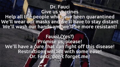 A Poster That Says " Dr. Fauci Give Us Vaccines " On It GIF