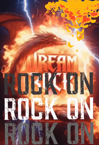 A Poster That Says ' Dream Rockcon Rock On Rock On ' On It GIF