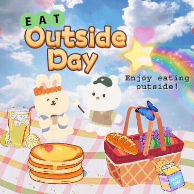 A Poster That Says Eat Outside Day With A Bunny And A Bear GIF