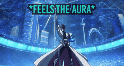 A Poster That Says Feels The Aura With A Man Holding A Blue Object GIF