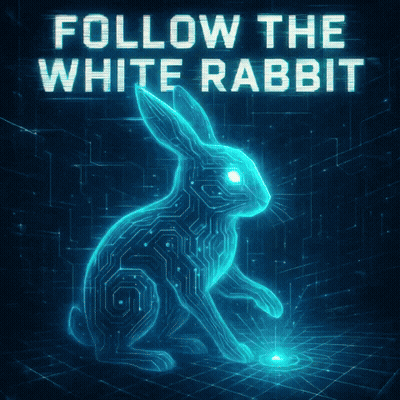 A Poster That Says Follow The White Rabbit With A Glowing Rabbit GIF