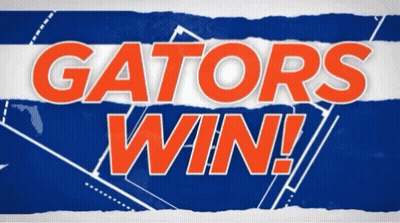 A Poster That Says Gators Win On A Blue White And Orange Background GIF