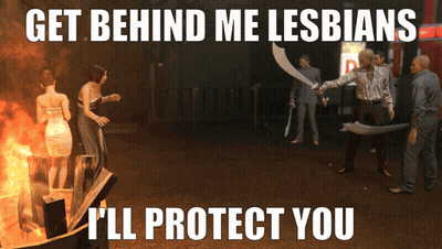 A Poster That Says Get Behind Me Lesbians I 'Ll Protect You On It GIF
