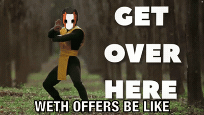 A Poster That Says Get Over Here With Offers Be Like In White Letters GIF
