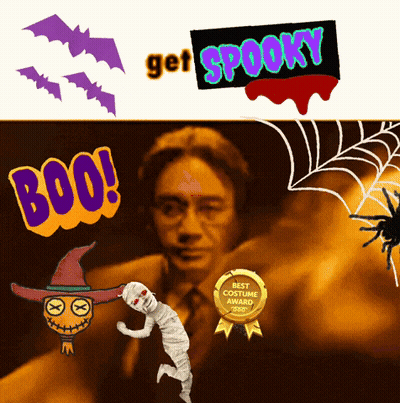 A Poster That Says Get Spooky With A Spider And A Mummy GIF
