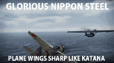 A Poster That Says Glorious Nippon Steel Plane Wings Sharp Like Katana On It GIF