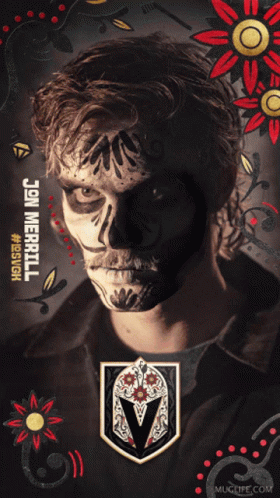 A Poster That Says Go Knights Go With A Man With Sugar Skull Makeup On His Face GIF