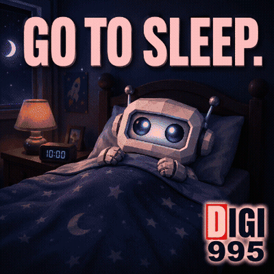 A Poster That Says Go To Sleep With A Robot On It GIF