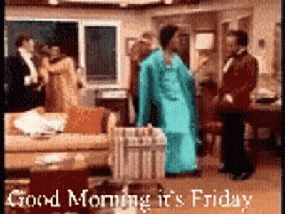 A Poster That Says Good Morning It 'S Friday With A Man In A Tuxedo GIF