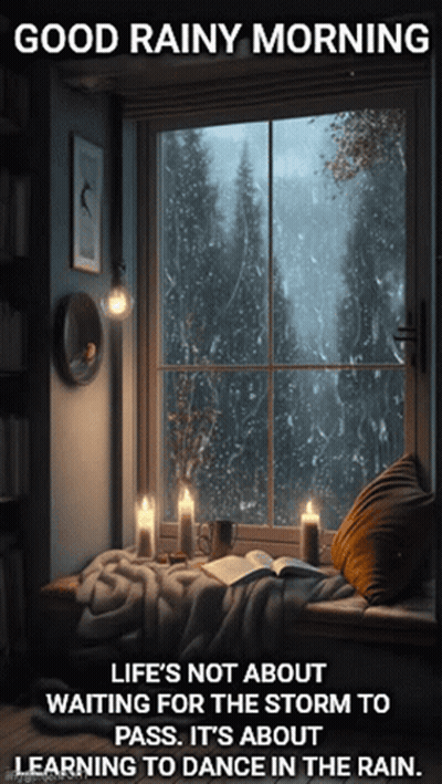 A Poster That Says Good Rainy Morning With A Picture Of A Window GIF