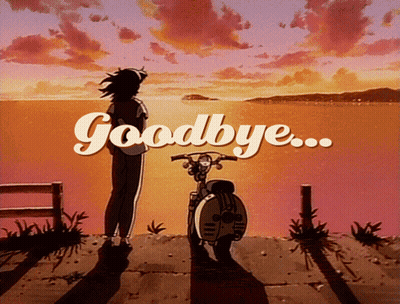A Poster That Says Goodbye With A Person And A Scooter In The Foreground GIF