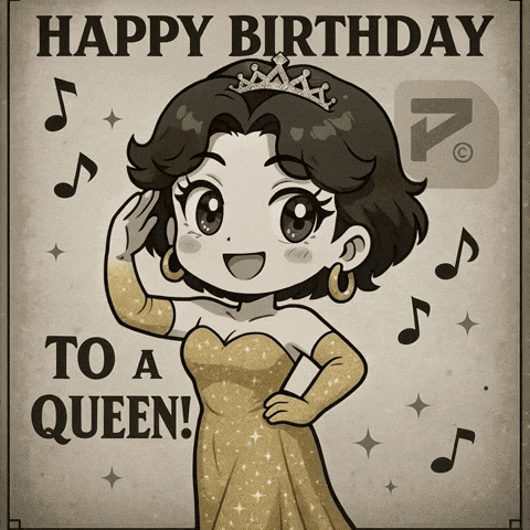 A Poster That Says Happy Birthday To A Queen With A Woman In A Dress GIF