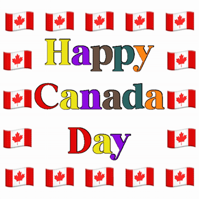A Poster That Says Happy Canada Day With A Pattern Of Canadian Flags GIF