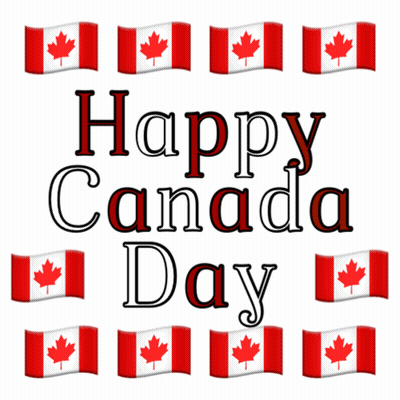 A Poster That Says Happy Canada Day With Canadian Flags On It GIF