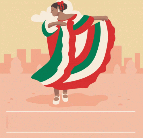 A Poster That Says Happy Cinco De Mayo With A Woman In A Red White And Green Dress GIF