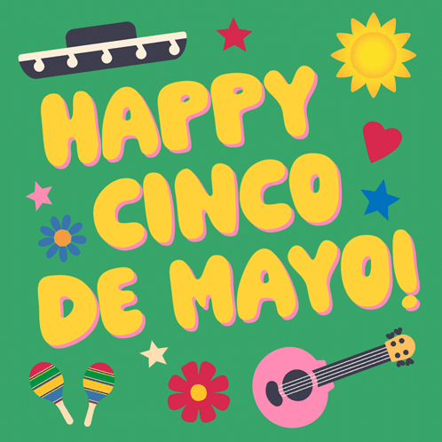 A Poster That Says Happy Cinco De Mayo With Flowers And A Guitar GIF