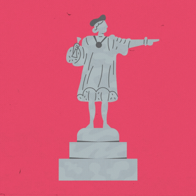 A Poster That Says Happy Columbus Day With A Statue In The Background GIF