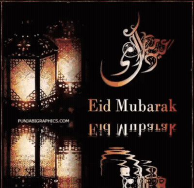 A Poster That Says Happy Eid Mubarak With A Crescent Moon And Stars GIF