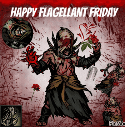 A Poster That Says Happy Flagellant Friday With A Cartoon Character GIF