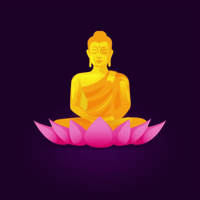 A Poster That Says Happy Mahavir Jayanti With A Statue Of Buddha On A Lotus Flower GIF