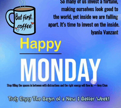 A Poster That Says Happy Monday With A Cup Of Coffee In The Background GIF