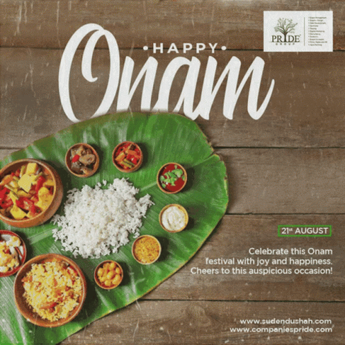 A Poster That Says Happy Onam On Top Of A Wooden Table GIF