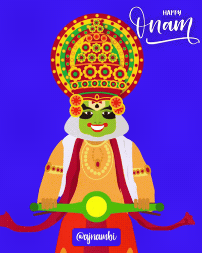A Poster That Says Happy Onam With A Man Riding A Scooter GIF