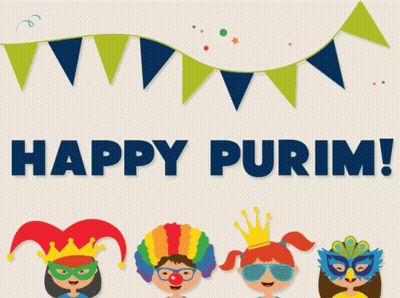 A Poster That Says Happy Purim With A Bunch Of People In Masks GIF