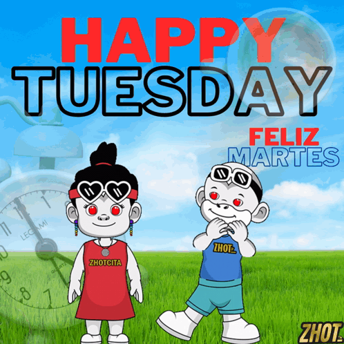 A Poster That Says Happy Tuesday Feliz Martes With A Boy And A Girl GIF